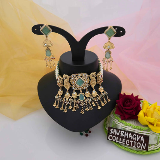 Antique Gold Tone Green Stone Peacock Necklace Set with Pearl Beads & Matching Statement Earrings | Traditional Ethnic Jewellery for Women