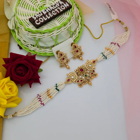 Antique Gold Tone White Stone Necklace Set with Pearl Bead Strands and Matching Earrings | Traditional Artificial Jewellery for Women