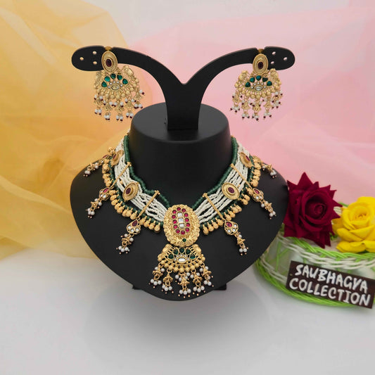 Traditional Antique Gold Tone Green & Maroon Beaded Necklace Set with Pearl Beads and Matching Earrings | Ethnic Jewellery for Women