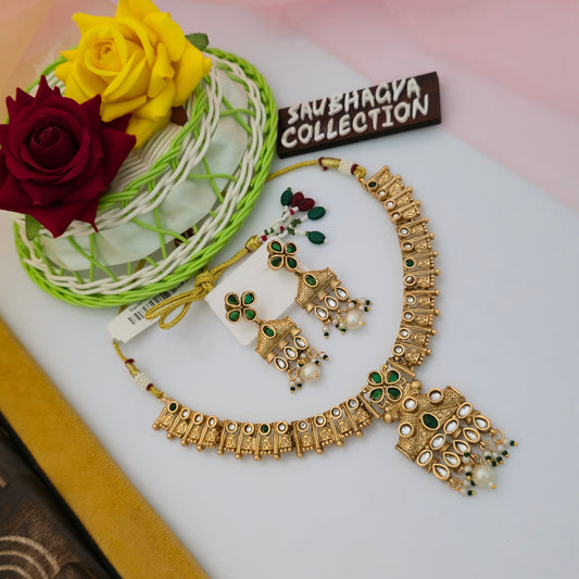 Antique Gold Tone Kundan Necklace Set with White Stones and Pearl Drops | Traditional Artificial Jewellery for Women