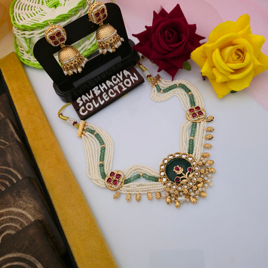 Antique Gold Tone Red Stone Necklace Set with Green Beads and Pearl Strands | Traditional Necklace with Matching Jhumka Earrings for Women