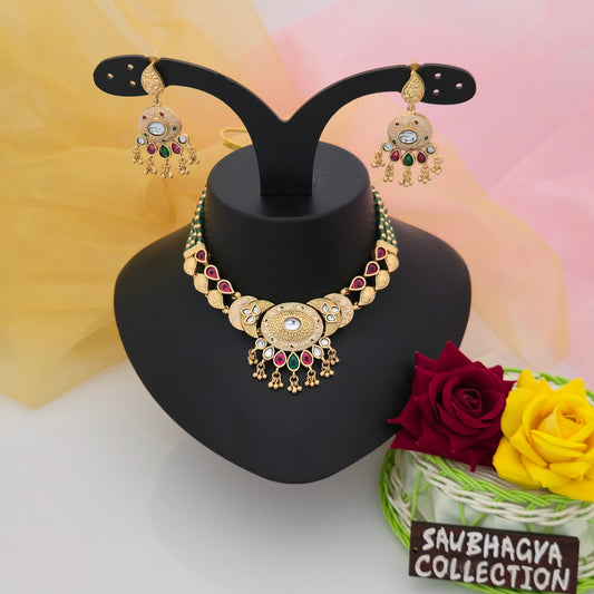 Antique Gold Tone Green Beaded Necklace Set with Red and White Stones | Traditional Artificial Jewellery for Women