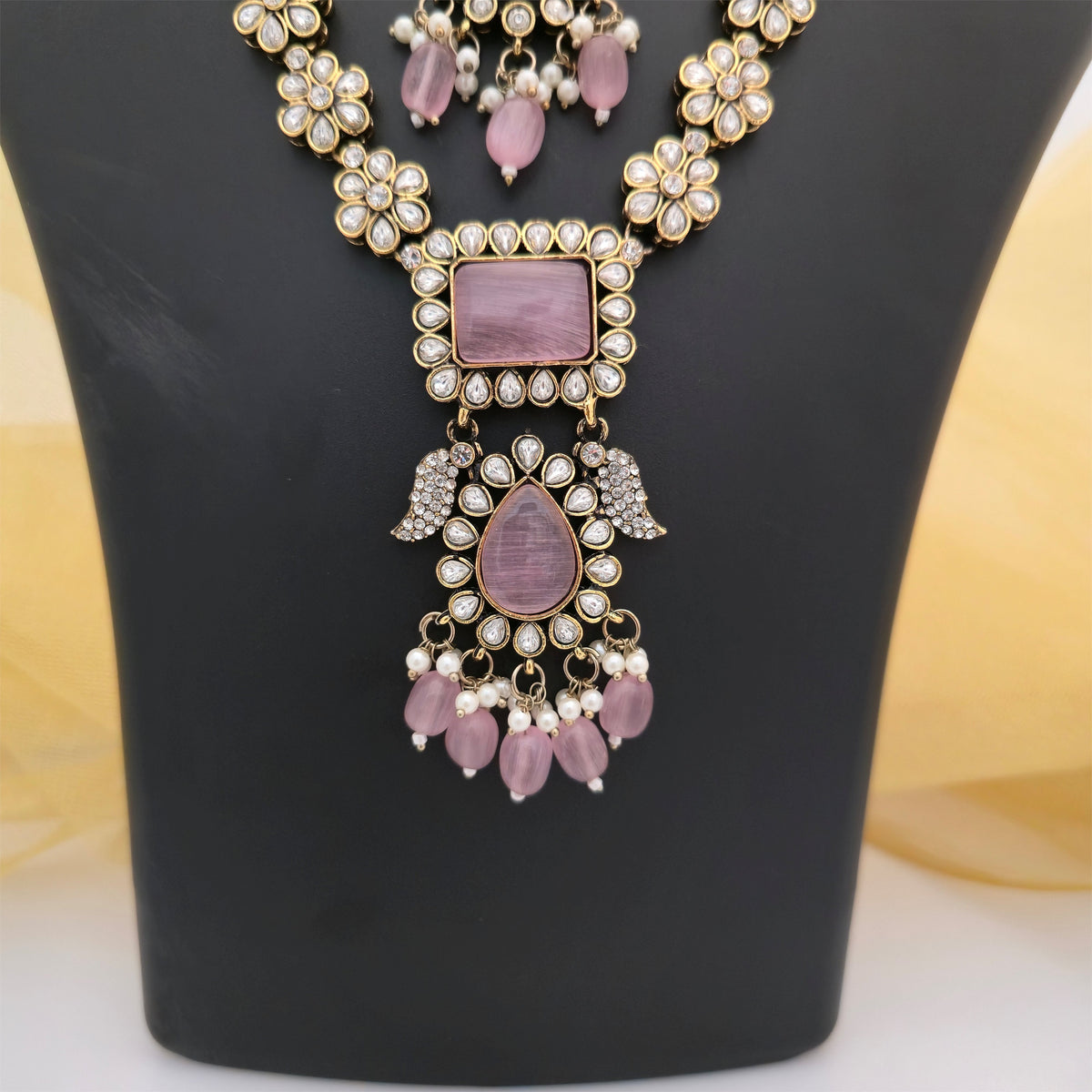 Moissanite and AD Necklace Set with Pearl Drops, Matching Earrings and Maang Tikka | Designer Jewellery for Women