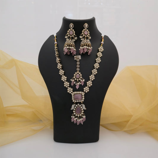 Moissanite and AD Necklace Set with Pearl Drops, Matching Earrings and Maang Tikka | Designer Jewellery for Women
