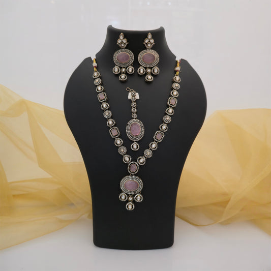 Green AD and Moissanite Necklace Set with Matching Earrings and Maang Tikka | Designer Jewellery Set for Women