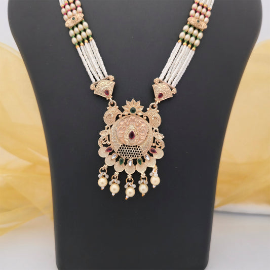 Traditional White Beaded Long Necklace Set with Antique Gold-Tone Pendant and Matching Earrings | Ethnic Jewellery for Women