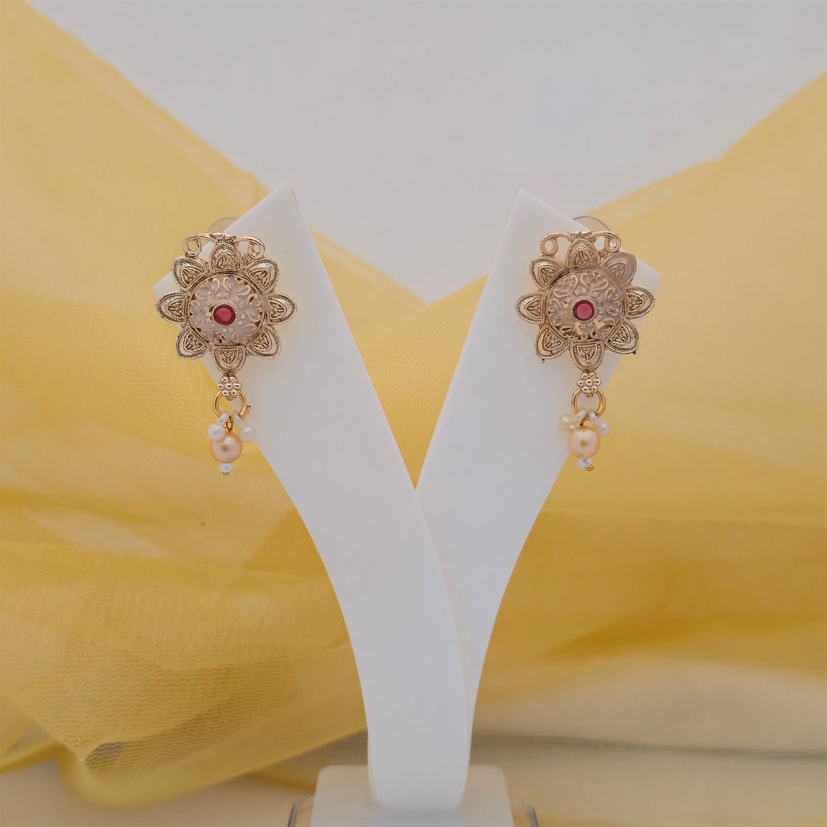 Traditional Multistrand Cream & White Beaded Necklace Set with Antique Gold-Tone Pendant and Matching Earrings for Women