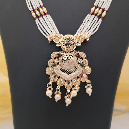 Traditional Pearl Beaded Long Necklace Set with Antique Gold-Tone Pendant and Matching Earrings | Ethnic Jewellery for Women