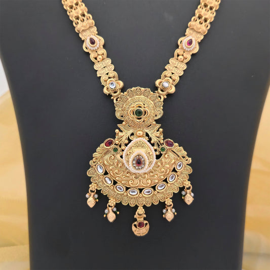 Gold Plated Rajwadi Polish Long Necklace Set with Traditional Designer Pendant and Matching Earrings for Women