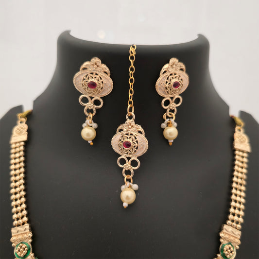 Traditional Antique Gold-Tone Long Necklace Set with Multicolour Stones, Statement Pendant, Earrings & Maang Tikka for Women
