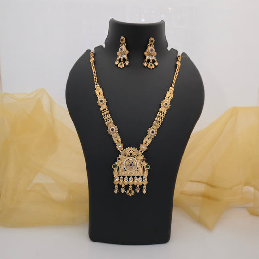 Gold Plated Rajwadi Polish Traditional Long Necklace Set with Designer Pendant and Matching Earrings for Women