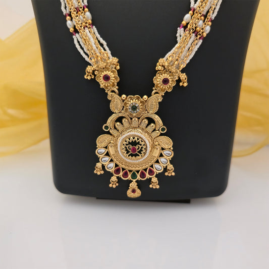 Gold Plated Rajwadi Polish Long Necklace Set with Traditional Pendant and Matching Earrings for Women