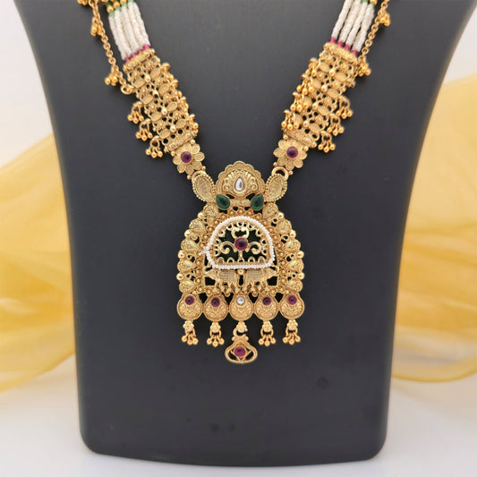 Gold Plated Rajwadi Polish Long Necklace Set with White Beads, Traditional Designer Pendant and Matching Earrings for Women