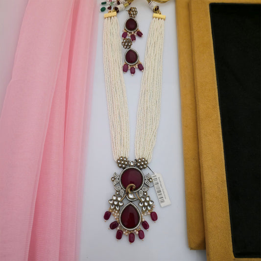 Moissanite Kundan Long Necklace Set with Matching Earrings | Maroon and White Pearl Designer Necklace for Women