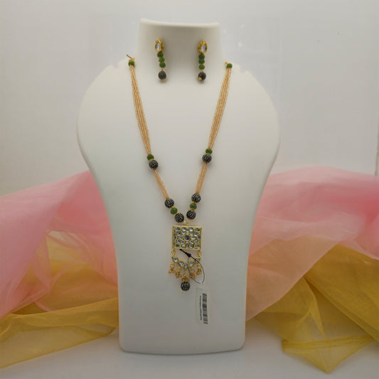 Green Beaded Necklace Mala Set with Black Stone Beads, Square Pendant and Matching Earrings