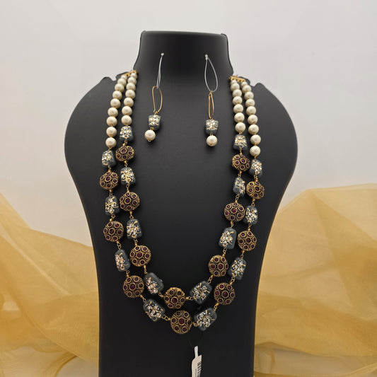 Black and Maroon Beads Double Layer Necklace Mala with Pearl Detailing and Matching Earrings for Women