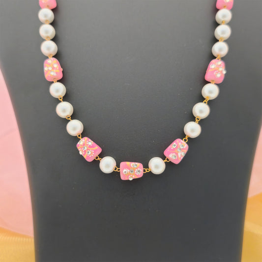 Pink and Cream Pearl Beads Long Necklace Mala Set with Matching Earrings for Women