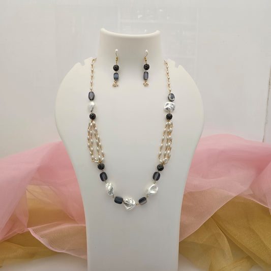 Blue and Pink Beaded Necklace Mala Set with Pearl Chains, Black Beads and Matching Earrings