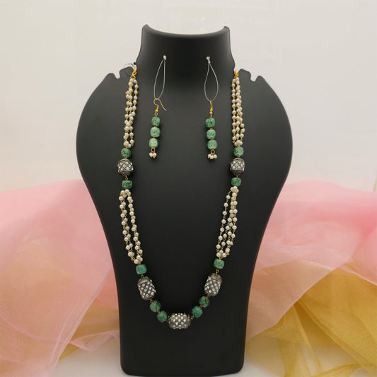 Green Beaded Necklace Mala Set with Pearl-Style Multi-Strand Chains, Antique Silver-Tone Beads and Matching Earrings