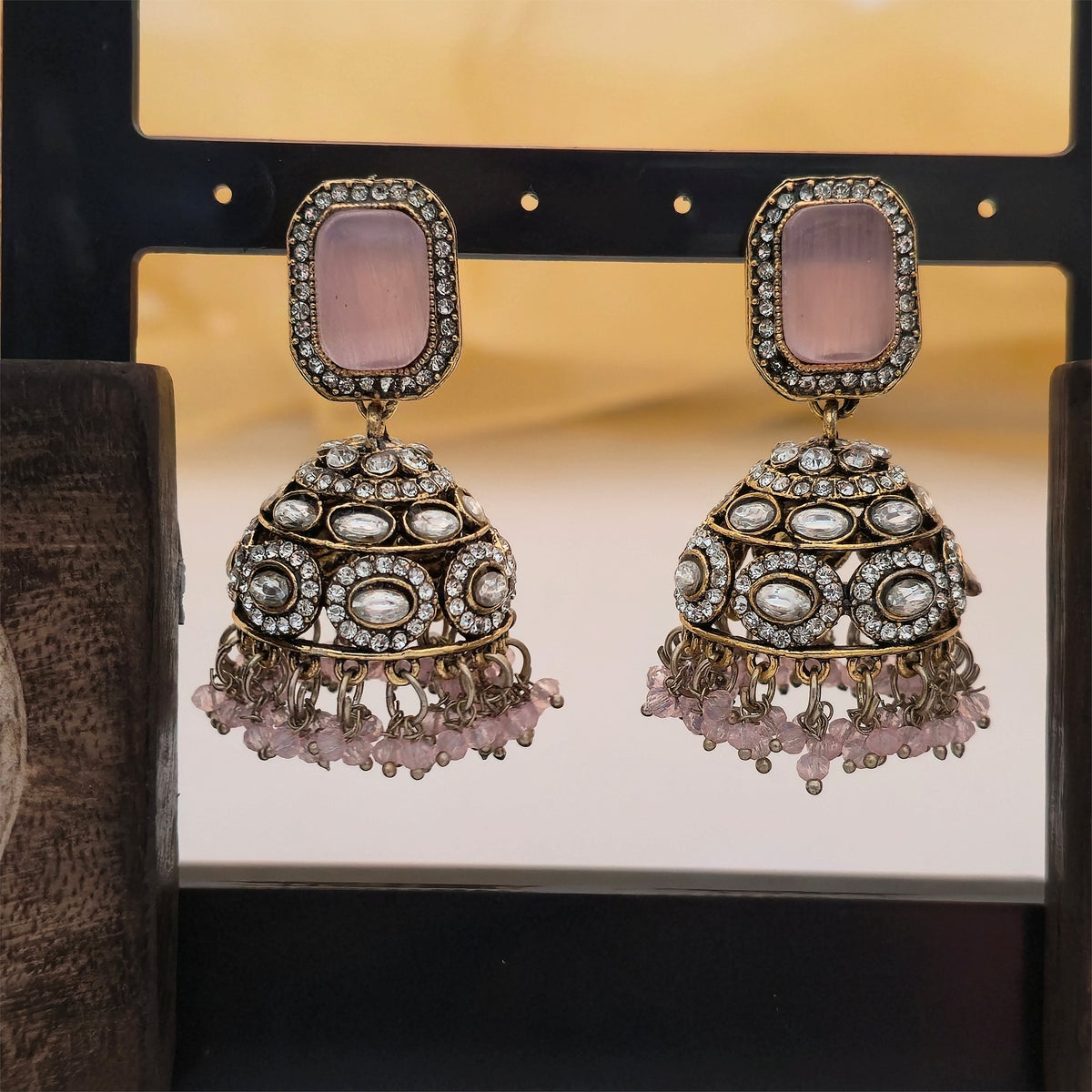 Moissanite and AD Necklace Set with Matching Earrings & Maang Tikka | Antique Gold Designer Jewellery for Women