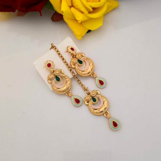 Gold Plated Rajwadi Polish Short Necklace Set with Peach Enamel, Multicolour Stones and Matching Earrings for Women