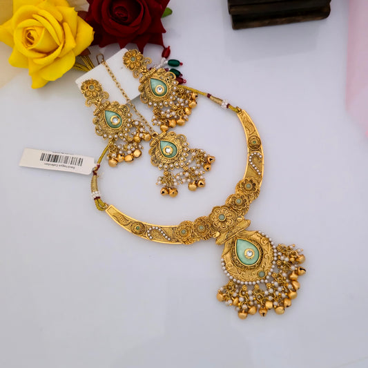 Gold Plated Rajwadi Polish Short Necklace Set with Green Meenakari Peacock Motif Pendant and Matching Earrings