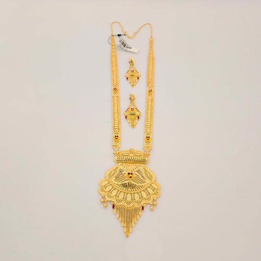 1 Gram Gold (Forming) Long Temple Necklace Set with Antique Filigree Pendant & Designer Earrings | Traditional Haram Jewellery