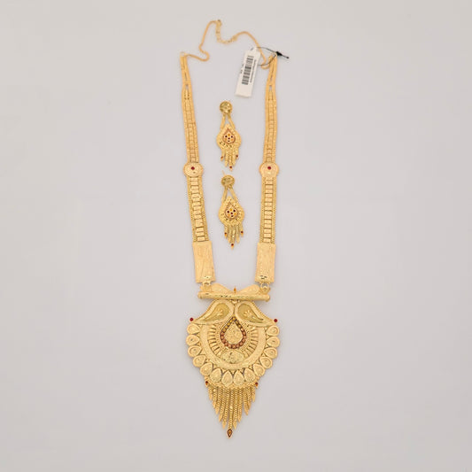1 Gram Gold (Forming) Long Temple Necklace Set with Antique Pendant & Designer Earrings | Traditional Haram Jewellery