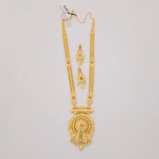 1 Gram Gold Long Temple Necklace Set with Round Antique Pendant & Designer Earrings | Traditional Haram Jewellery