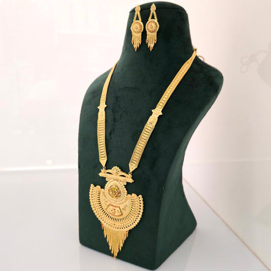 1 Gram Gold (Forming) Long Temple Necklace Set with Grand Antique Pendant & Designer Earrings | Traditional Haram Jewellery