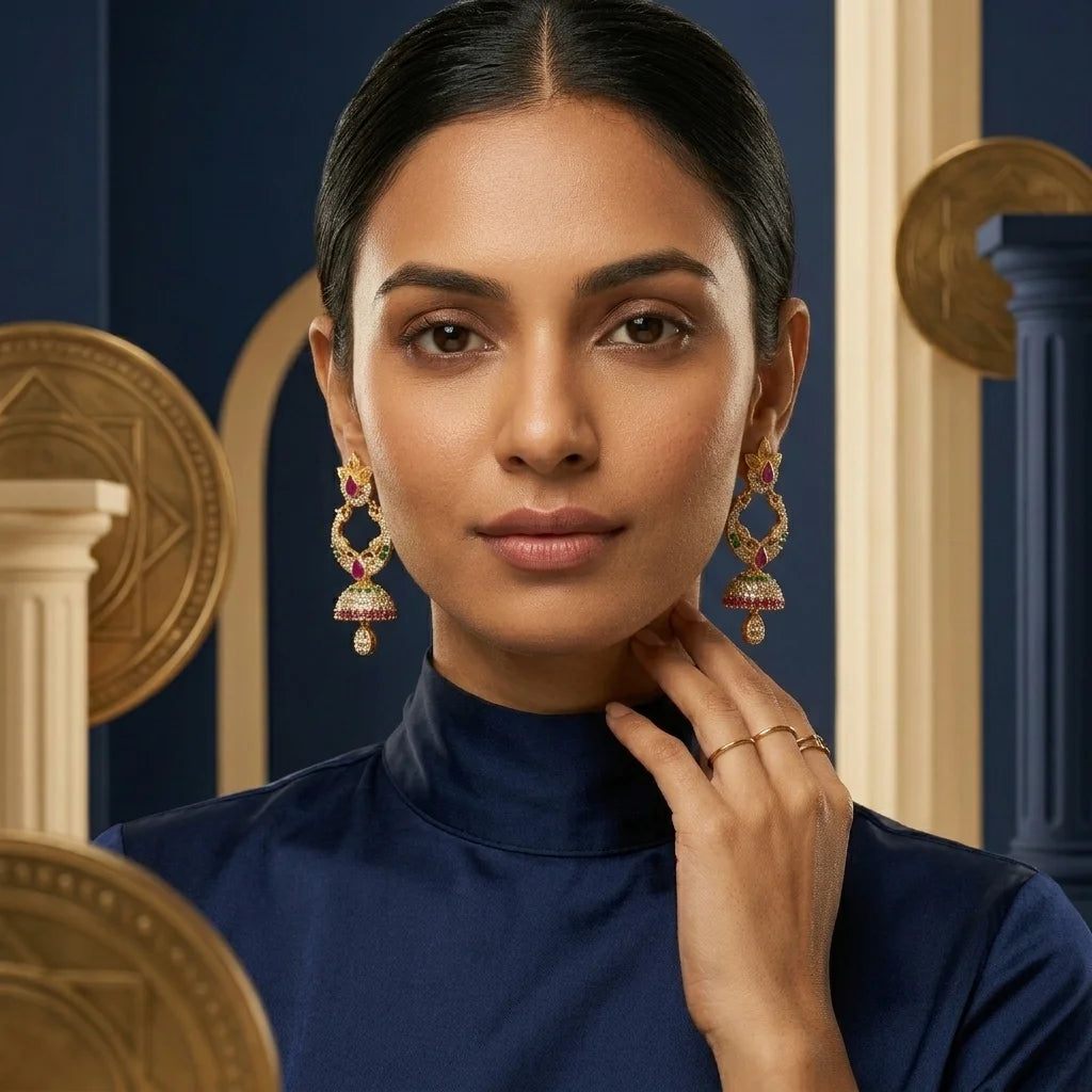 AD zirconia jhumka earrings, traditional gold earrings, ethnic bridal earrings, screw back earrings, festive jhumka design, imitation jewellery for women, water resistant earrings