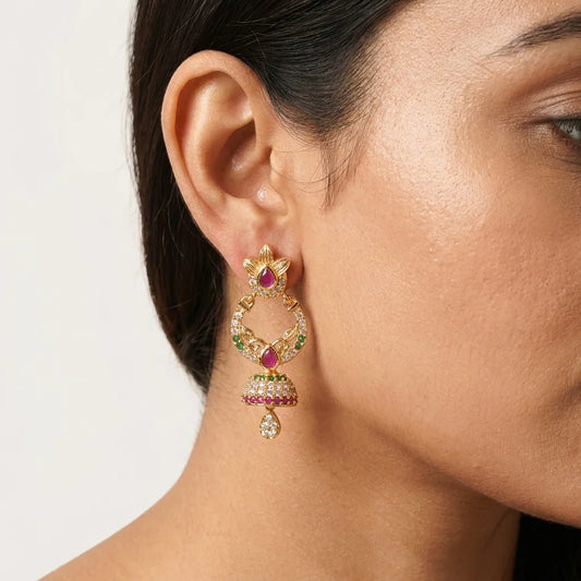 AD zirconia jhumka earrings, traditional gold earrings, ethnic bridal earrings, screw back earrings, festive jhumka design, imitation jewellery for women, water resistant earrings