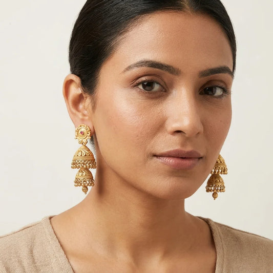 traditional gold jhumka earrings, ethnic double layer jhumki, antique bridal earrings, festive earrings for women, temple jewellery earrings, water resistant earrings, imitation jewellery