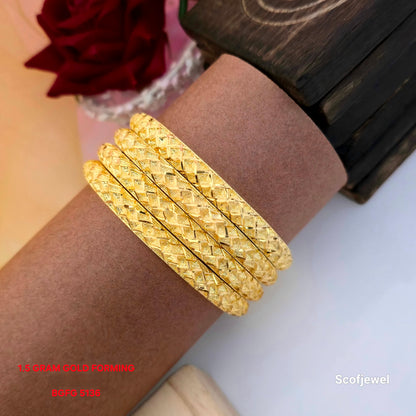1.5 gram gold forming designer bangles set of 4, gold tone bangles with criss cross lattice pattern, geometric textured bangles for women, traditional gold forming bangles, intricate woven pattern designer bangles, ethnic bangles for weddings and festivals, Scofjewel BGFG 5136