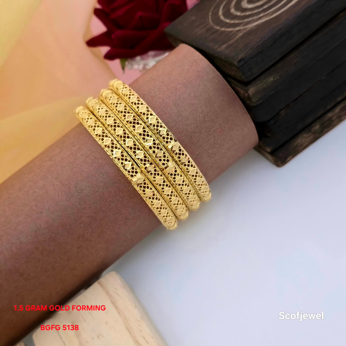 1.5 gram gold forming designer bangles set, four piece gold tone bangle set, intricate diamond pattern bangles, traditional openwork gold bangles, slim designer bangles for women, elegant gold finish bangles for ethnic wear, BGFG 5138 Scofjewel