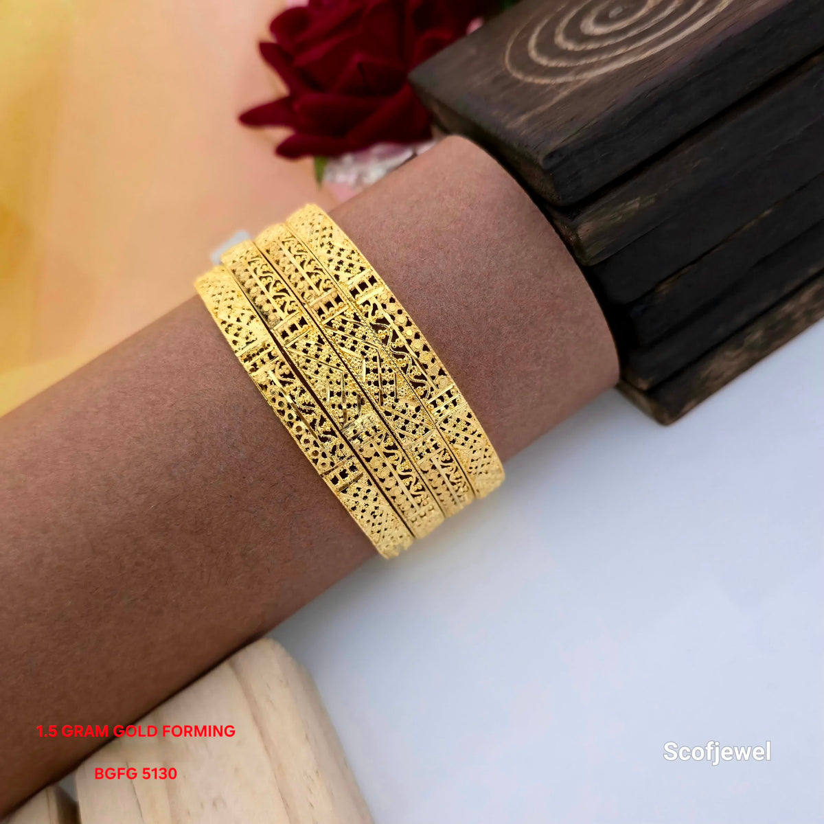 1.5 gram gold forming designer bangles, intricate gold filigree bangles, traditional ornamental pattern bangles, gold tone multi bangle set, geometric design gold finish bangles, elegant traditional bangles for wedding and festive wear, BGFG 5130 Scofjewel