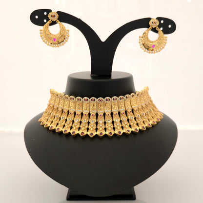 1.5 gram gold forming gold tone pink stone AD zirconia heavy bridal choker necklace set with earrings for women traditional jewellery