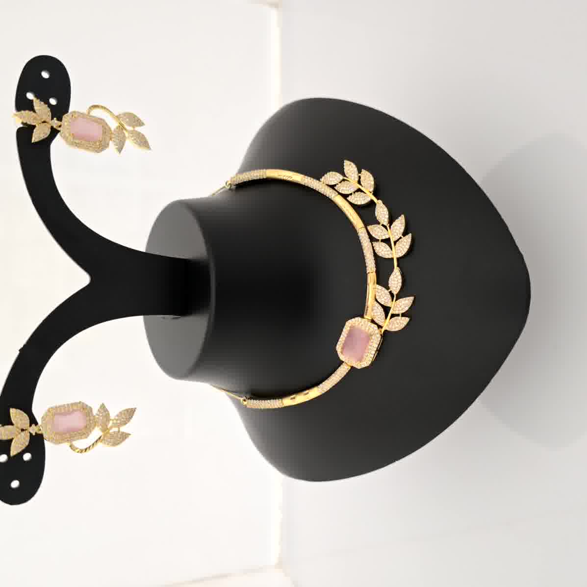 1.5 gram gold forming gold tone pink stone AD zirconia leaf design necklace set with earrings for women