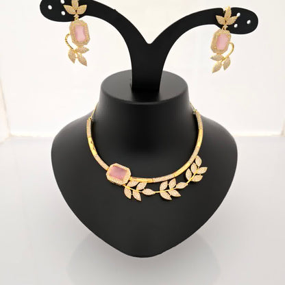 1.5 gram gold forming gold tone pink stone AD zirconia leaf design necklace set with earrings for women