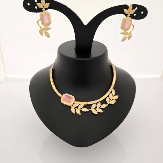 1.5 gram gold forming gold tone pink stone AD zirconia leaf design necklace set with earrings for women