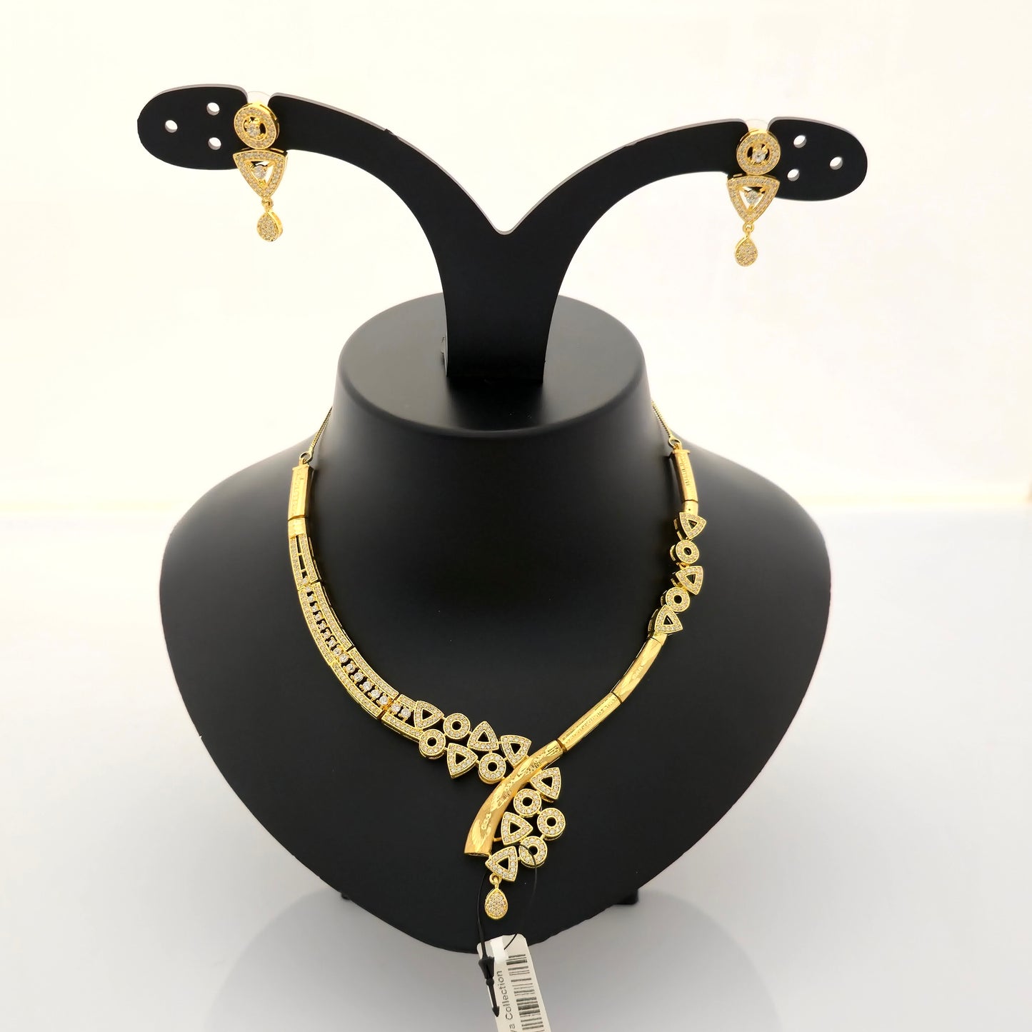 1.5 gram gold forming gold tone white stone AD zirconia designer asymmetrical necklace set with earrings for women modern jewellery