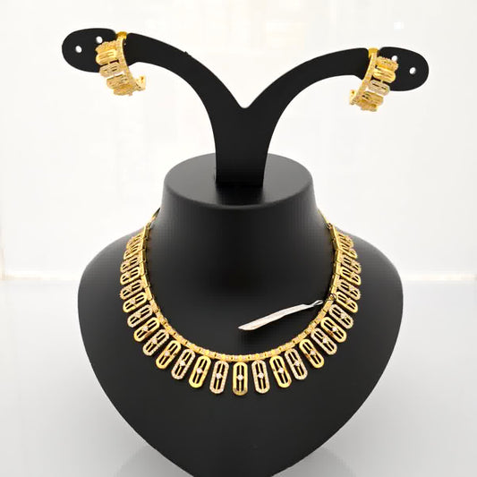 1.5 gram gold forming gold tone white stone AD zirconia designer link pattern necklace set with earrings for women