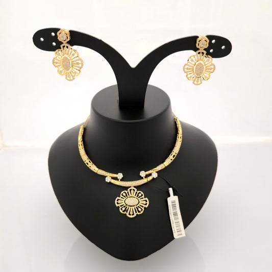 1.5 gram gold forming gold tone white stone AD zirconia floral pendant necklace set with earrings for women elegant jewellery