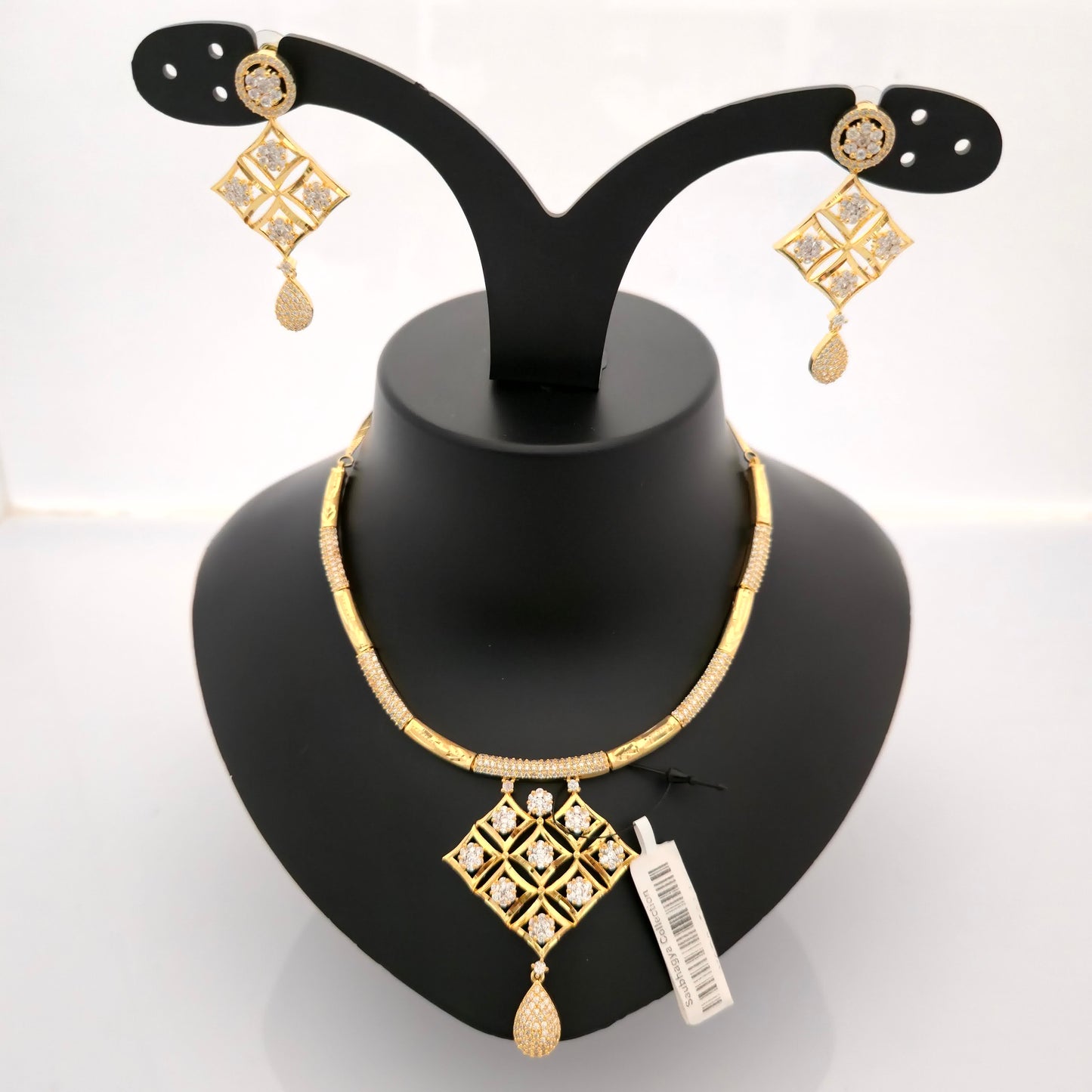 1.5 gram gold forming gold tone white stone AD zirconia geometric pendant necklace set with earrings for women designer jewellery