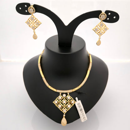 1.5 gram gold forming gold tone white stone AD zirconia geometric pendant necklace set with earrings for women designer jewellery