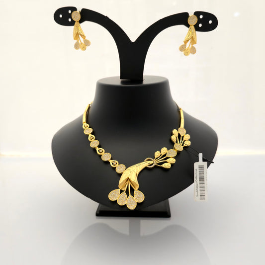 1.5 gram gold forming gold tone white stone AD zirconia leaf drop necklace set with earrings and mangalsutra for women designer jewellery