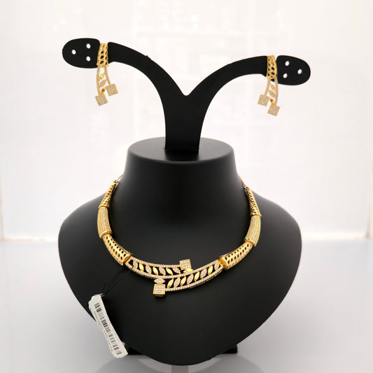 1.5 gram gold forming gold tone white stone AD zirconia leaf pattern designer necklace set with earrings for women stylish jewellery