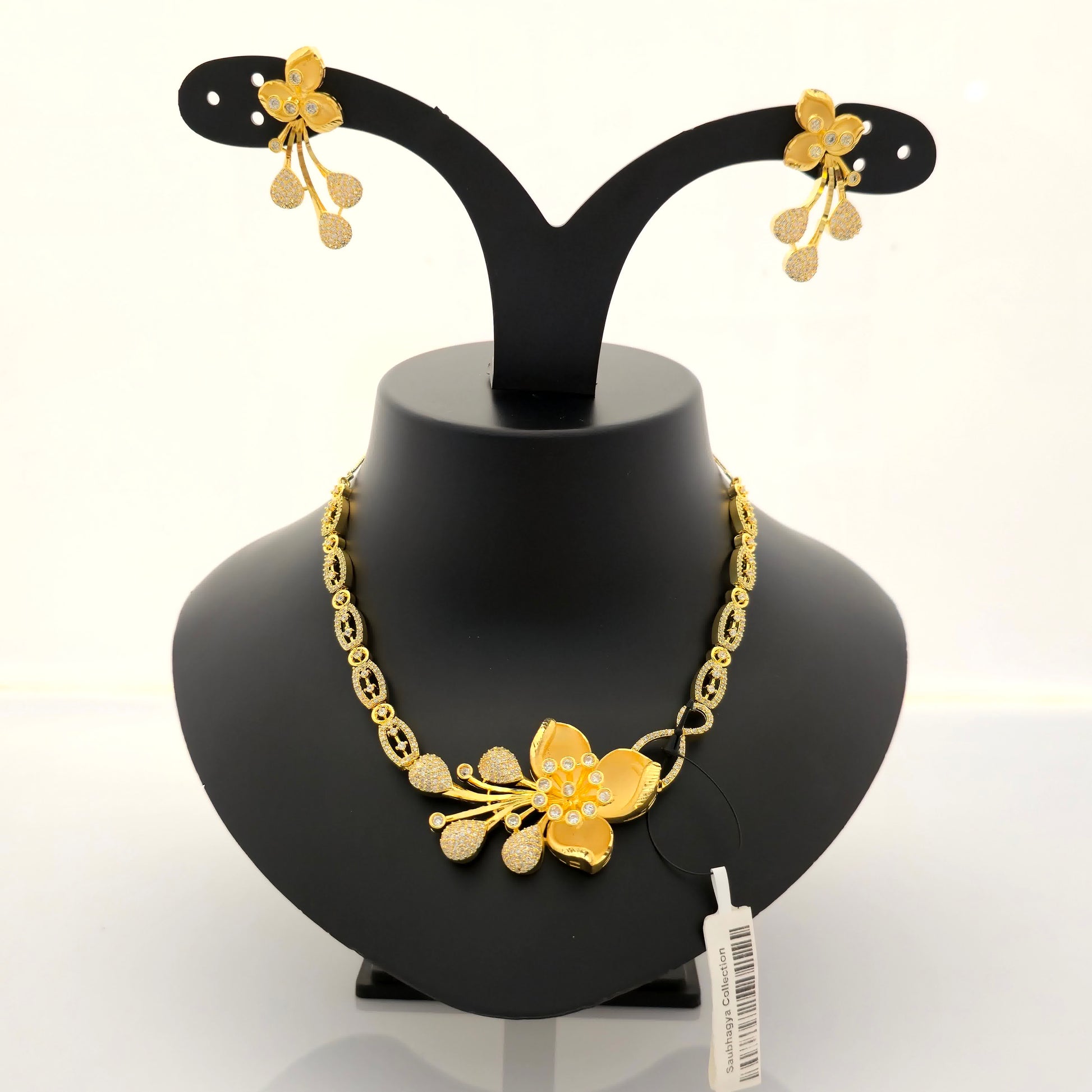 1.5 gram gold forming gold tone yellow stone AD zirconia floral drop necklace set with earrings for women designer jewellery
