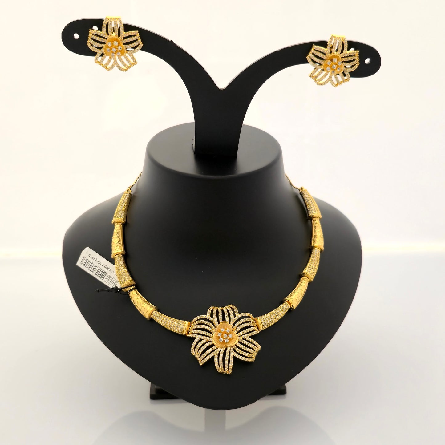 1.5 gram gold forming gold tone yellow stone AD zirconia floral necklace set with earrings for women designer jewellery