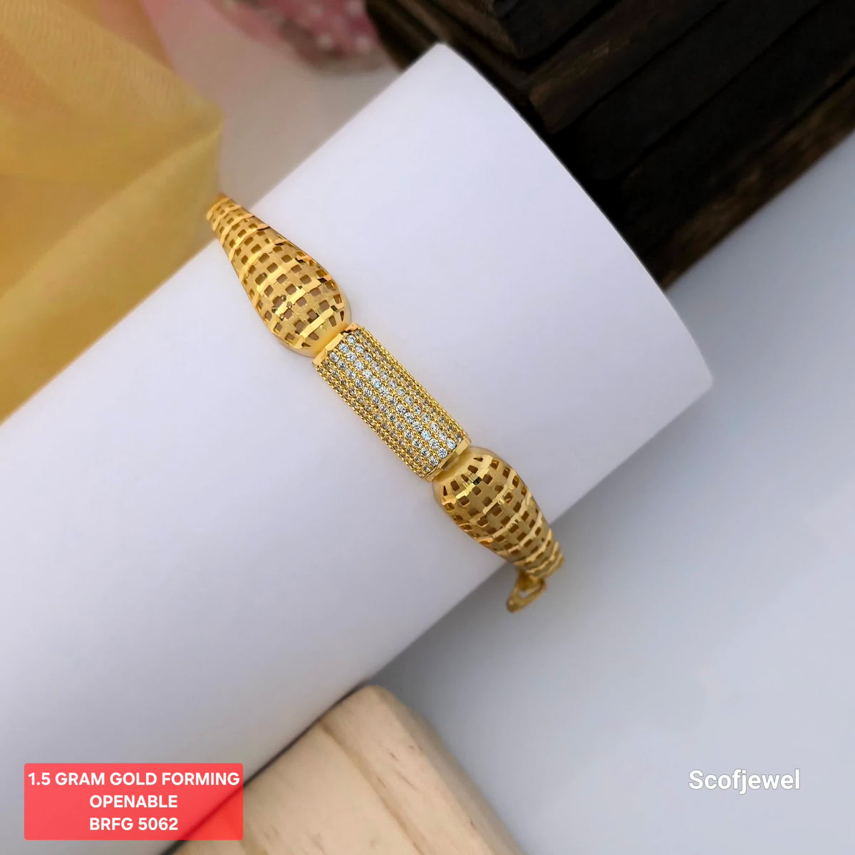 1.5 gram gold forming openable bangle, gold tone bangle with white stone centre panel, designer forming bangle with lattice pattern, rectangular white stone bangle for women, elegant gold forming jewellery, openable gold tone bangle with textured detailing, Scofjewel forming bangle BRFG 5062